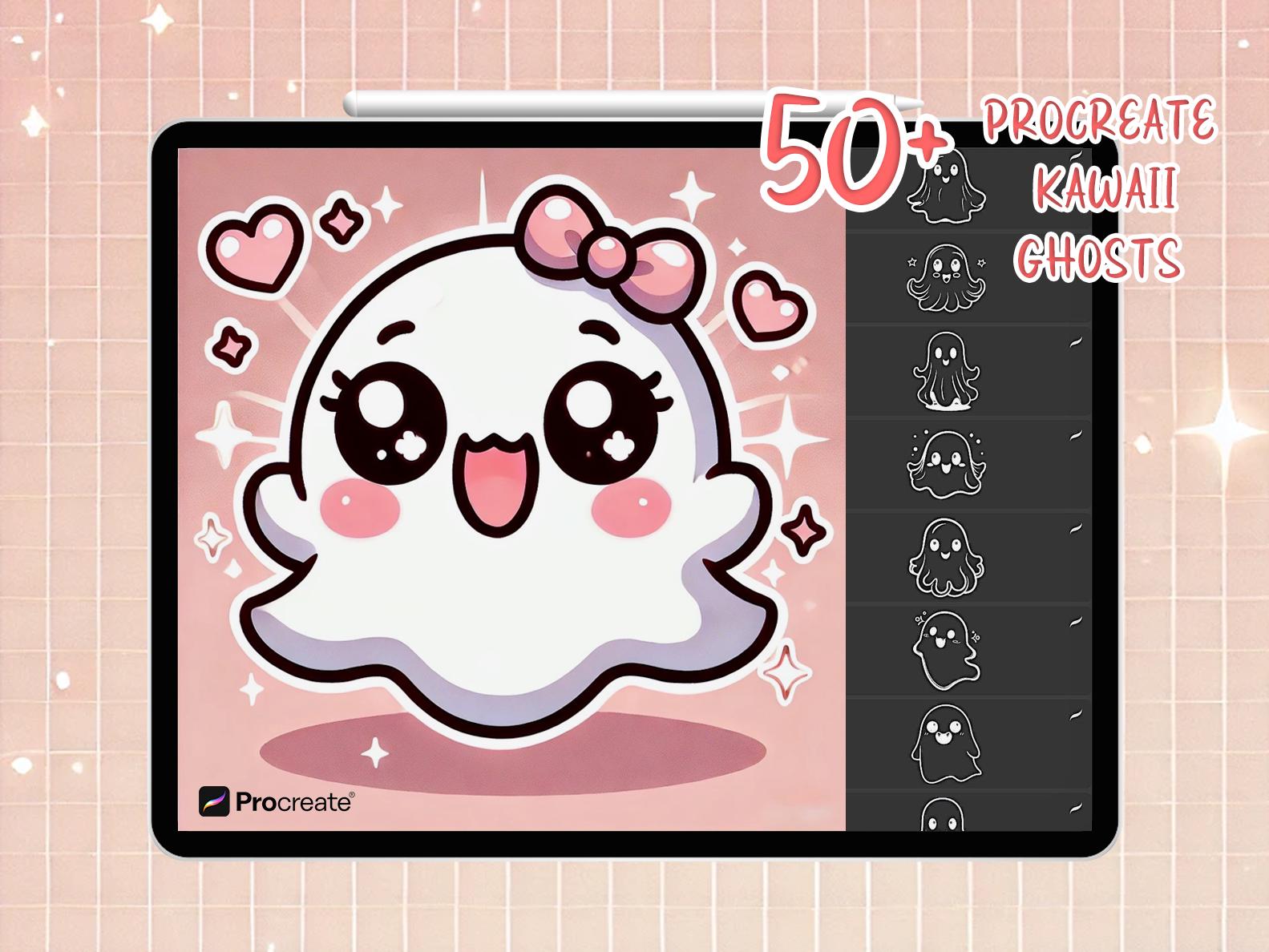 50 Sellos de Procreate de Fantasmas Kawaii | Pinceles Chibi adorables para ilustraciones de Halloween