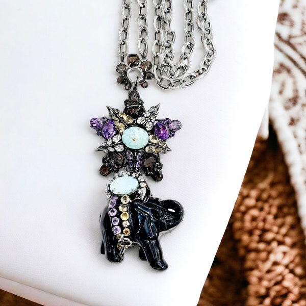 IRADJ MOINI Rhodium Plated Onyx Elephant Adorn with Amethysts, Turquoise, Citrine, Necklace, Pendant and Two brooches, One of a Kind