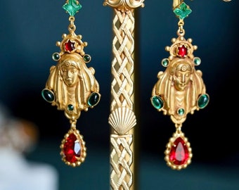 Askew London 24K Gold Plated Maiden Emerald And Ruby Cabochons & Brilliant Vintage Faceted Art Glass Earrings