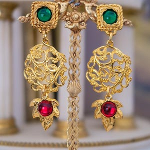 Hanna Bernhard One of a Kind French Gold Plated Statement Earrings with Emerald and Ruby Cabochons