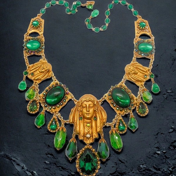 Askew London 24K Gold Plated Maiden Necklace Adorn with Emerald Cabochons and Brilliant Vintage Faceted Art Glass Limited Edition