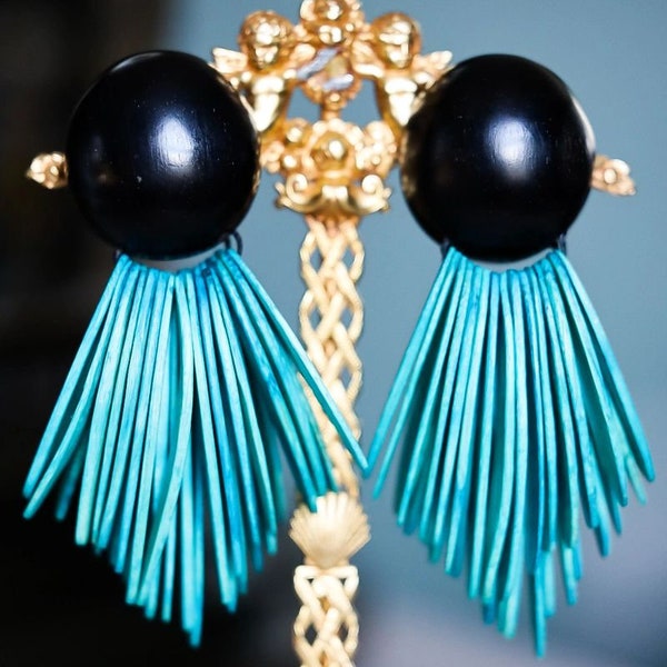 MONIES Jet and Turquoise Eboni Chandelier Rare Earrings