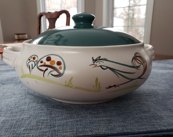 Mid Century DENBY Two-Pint Round Lidded Casserole Dish | 'Rooster Flair' Pattern