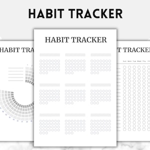 Pode incluir: Três páginas de rastreamento de hábitos imprimíveis com layouts diferentes. A primeira página tem um gráfico circular com sombreamento cinza, a segunda página tem seis seções com círculos para marcar hábitos, e a terceira página tem uma grade com círculos para marcar hábitos.