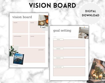 May include: Two printable vision board templates and a goal setting template. The vision board includes sections for health, family, relationships, career, and personal goals. The goal setting template has sections for vision, mission, strategy, and action plans. The words "VISION BOARD" and "DIGITAL DOWNLOAD" are at the top.