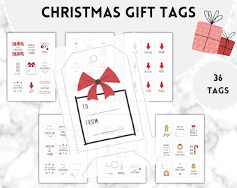 Puede incluir: Un conjunto de etiquetas de regalo navideñas con varios diseños y frases festivas. Las etiquetas presentan colores rojo, blanco y negro, con ilustraciones de árboles de Navidad, lazos y saludos navideños. El texto "36 TAGS" también está presente.