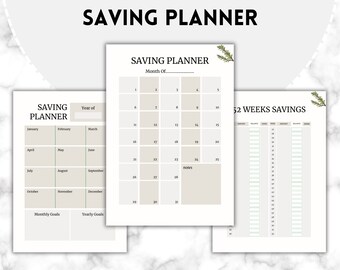 May include: A printable saving planner with a beige background and green accents. The planner includes a calendar, a 52-week savings tracker, and sections for monthly and yearly goals. The text "Saving Planner" appears at the top of the page.