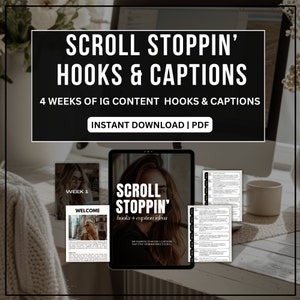 Può includere: Un tablet digitale che mostra una guida per creare contenuti Instagram accattivanti. La guida è intitolata "Scroll Stoppin' Hooks & Caption Ideas" e presenta il viso di una donna. La guida include esempi di hook e didascalie che possono essere utilizzati per impedire alle persone di scorrere il tuo contenuto.