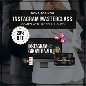May include: A black and white image of a computer screen showing a course called "The Instagram Growth Vault". The course is advertised with a 20% off discount. The image also shows a laptop and a smartphone.