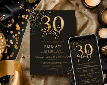 Black Gold 30th Birthday Invitation | Glam Party Canva Template (Digital Download + Mobile)