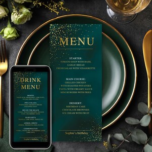 May include: A formal table setting with a dark green menu and drink menu. The menus have gold text and a gold glitter design. The menus list the courses and drinks. A gold fork, knife, and plate are also visible.