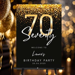 Black and Gold Birthday Welcome Poster, Gold Number, Sparkle Dots, 70 Seventy Birthday Party, CANVA Template, Digital Invitation | 50x70cm