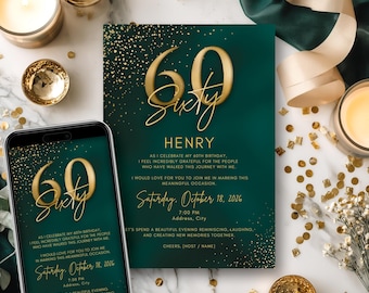 Green & Gold 60th Birthday Invitation | Elegant Canva Template (Digital Download + Mobile Invite)