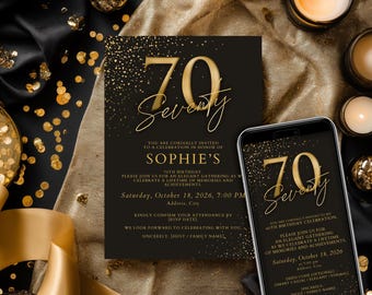 70th Birthday Invitation Template | Black and Gold Canva Invite (Digital Download + Mobile Invite)