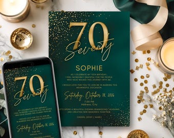 70th Birthday Invitation Template | Green & Gold Canva Invite (Digital Download + Mobile Invite)