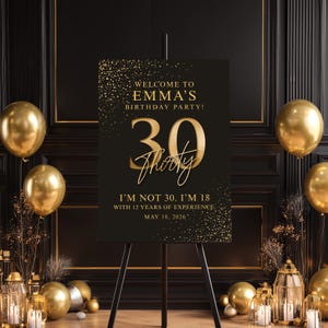 30歳の誕生日ウェルカムサインテンプレート｜ブラック＆ゴールドデコレーション（編集可能なデジタルダウンロード）