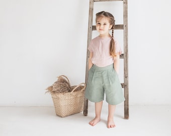 Sage green Mint Bermuda shorts for girls, Kids shorts, Casual summer clothes, Nature girls clothes