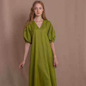 Vestido de lino con estampado de ortiga para mujer, vestido de color liso, vestido con escote en V, vestido modesto, vestido midi para mujer, vestido estilo vintage, vestido suelto natural