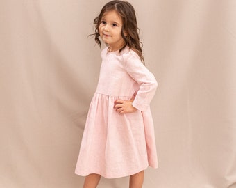 Pink girl Holiday dress, Rustic dress, Flower girl dress, Long sleeve toddler dress, gift for girl, Easter dress