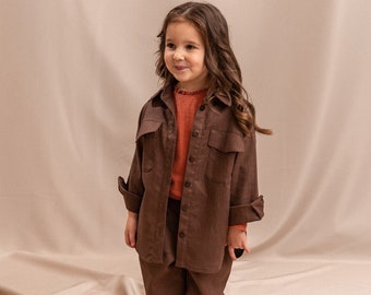 Brown ramie girl boy shirt, Boho casual style kids wear, Sustainable baby outfit