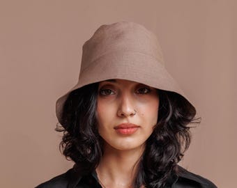 Taupe linnen zonnehoed voor vrouwen, handgemaakte zomerpanama, linnen strandpanamahoed, zomerlinnen emmerhoed, zonnehoed voor dames, cadeau voor vrouw