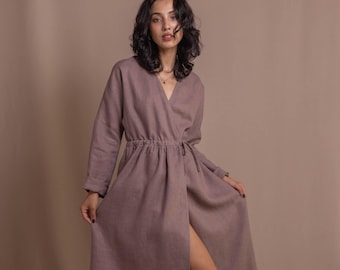 Wrap Midi Linen Dress with Long Sleeves, Comfortable Spring Summer Dress for Woman, Boho Cottagecore Dress
