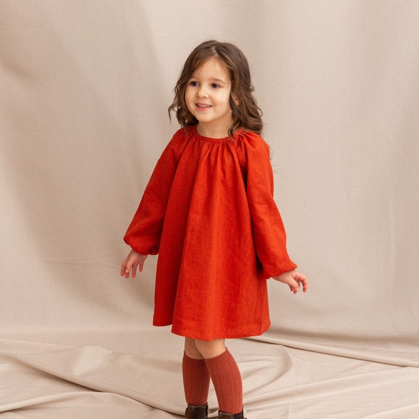 Robe orange brûlé terre cuite à manches longues, robe de vacances pour fille, robe de Pâques pour bébé pour tout-petit, robe printemps-hiver, cadeau de printemps pour fille