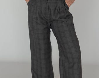 Wolle Karierte Hose für Frauen | Handgemachte Mid-Rise Hose mit weitem Bein