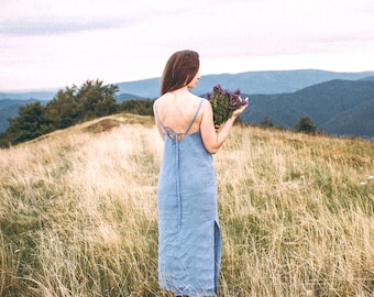 Backless Spaghetti Strap Midi Linen Dress with Side Slit, Wedding Guest & Bridesmaid Sundress for Women, Boho Summer Beach Wedding Style