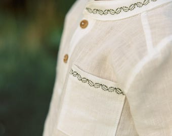 Boys linen boxy white shirt, Custom Linen Embroidery Shirt, Natural Fabric Boys Shirt, Henley Shirt, Casual Boys Shirt, Handmade Shirt