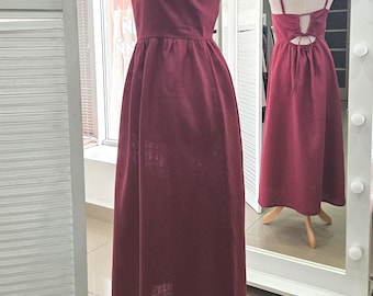 Burgundy Backless Linen Dress, Spaghetti Strap Linen Dress, Open Back Summer Dress, Sleevless Midi Long Linen Sundress, Ready to ship