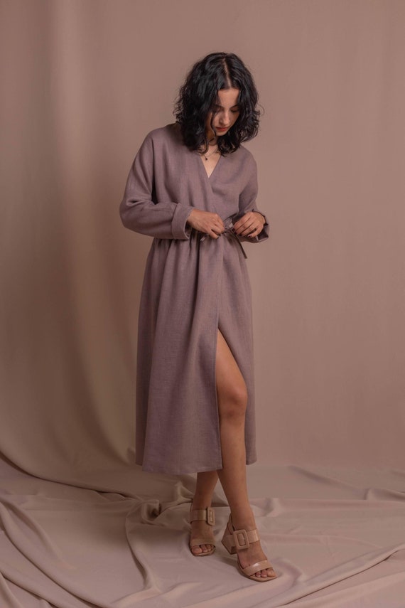 Linen Wrap Dress, 100% Linen Midi Dress, Spring Summer Casual Long Sleeve Dress