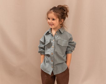 Sage green mint ramie girl boy shirt, Boho casual style kids wear, Sustainable baby outfit