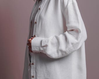 Stonewashed linen womens shirt, White natural shirt, Oversized womens shirt, Solid color shirt, Handmade blouse, Minimalistic casual blouse