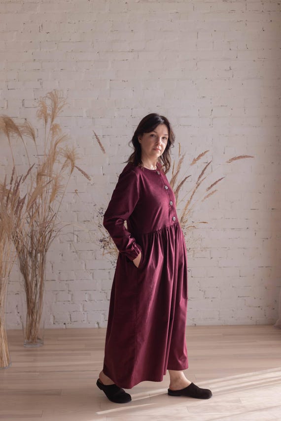 navy blue dress for baby girl Corduroy Burgundy Fall Winter Maternity Dress for Women, Cotton Button Front Dress with Pockets