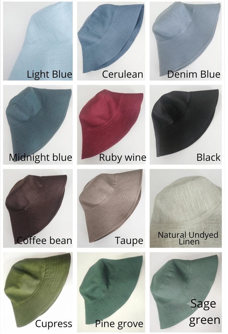 May include: A grid of twelve bucket hats in various colors labeled Light Blue, Cerulean, Denim Blue, Midnight Blue, Ruby Wine, Black, Coffee Bean, Taupe, Natural Undyed Linen, Cupress, Pine Grove, and Sage Green, each with a wide brim.