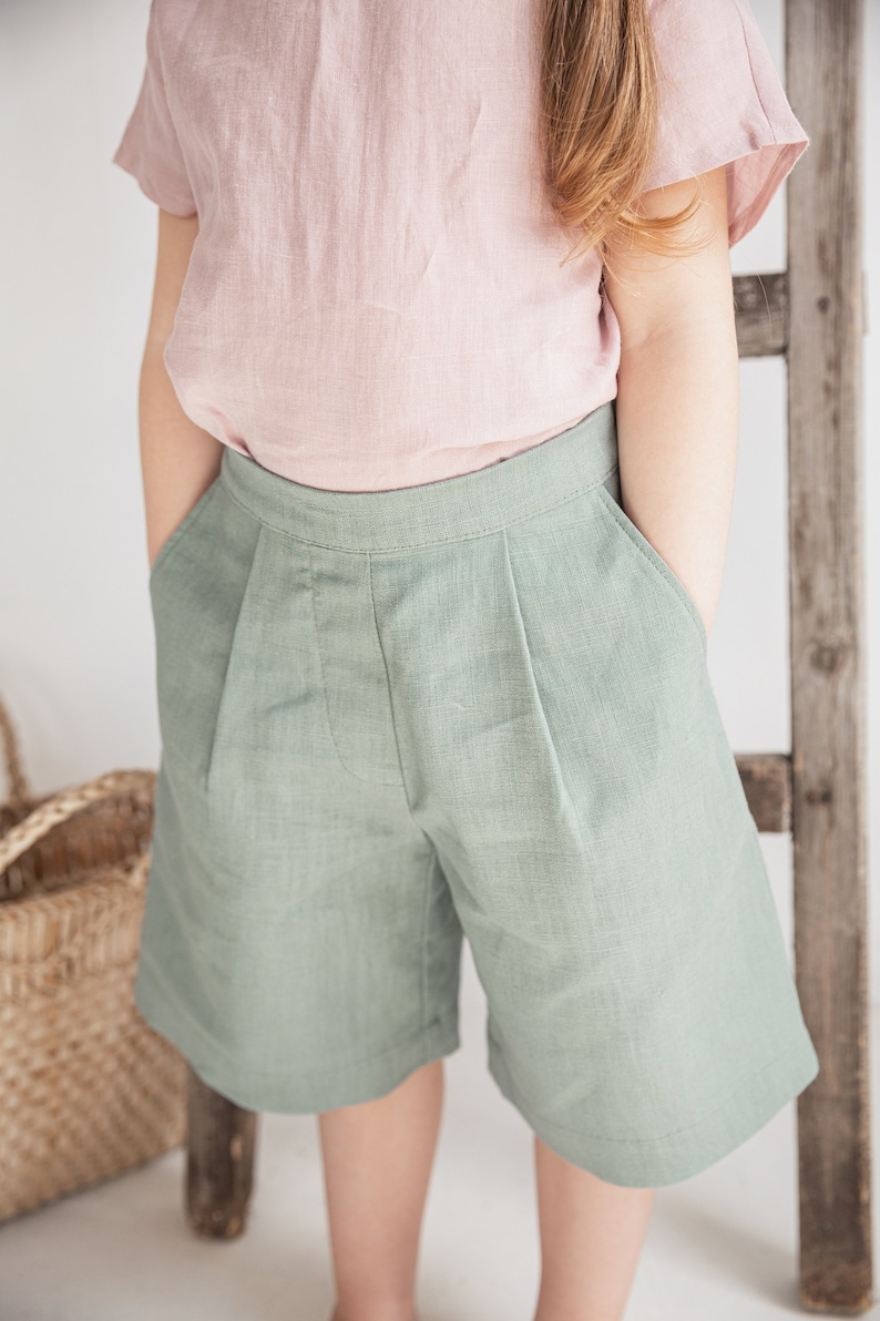 Sage green Mint Bermuda shorts for girls, Kids shorts, Casual summer clothes, Nature girls clothes image 2