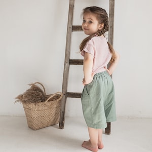 Sage green Mint Bermuda shorts for girls, Kids shorts, Casual summer clothes, Nature girls clothes image 3