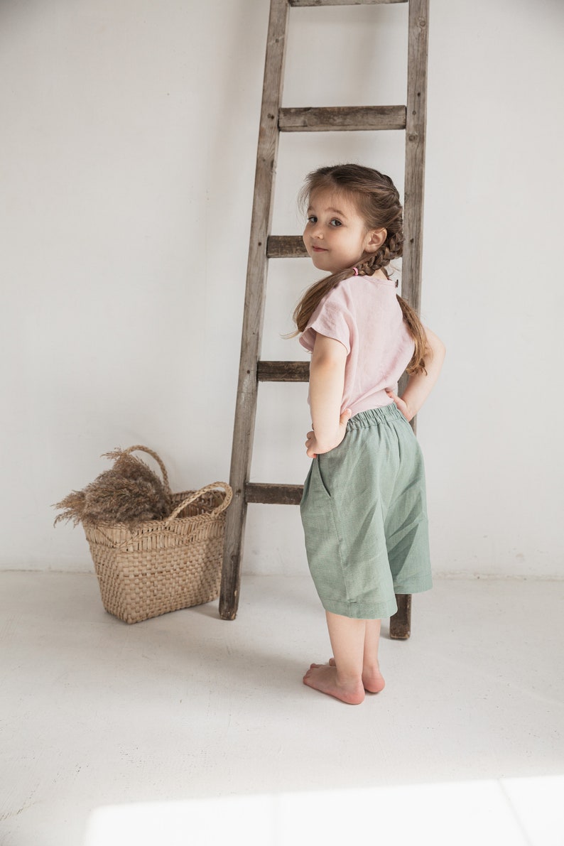 Sage green Mint Bermuda shorts for girls, Kids shorts, Casual summer clothes, Nature girls clothes image 3