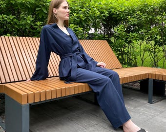 Womens Elegant set, Kinomo and Pants, 2 Piece Linen Clothers, Kimono Style Costume, Womens Linen Kimono, Linen Jacket, Loose Fit Suit Outfit