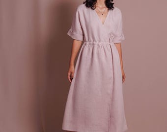 Vestido cruzado de lino lavado a la piedra, vestido informal de verano de lino para mujer, vestido atemporal hecho a mano, vestidos de lino rústico bohemio, vestido rosa empolvado