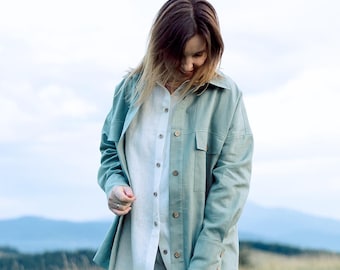 Ramie Linen Shirt Jacket, Women's Oversized Shacket, Utility Jacket, Button Up Overshirt with Chest Pockets, Sustainable Clothing