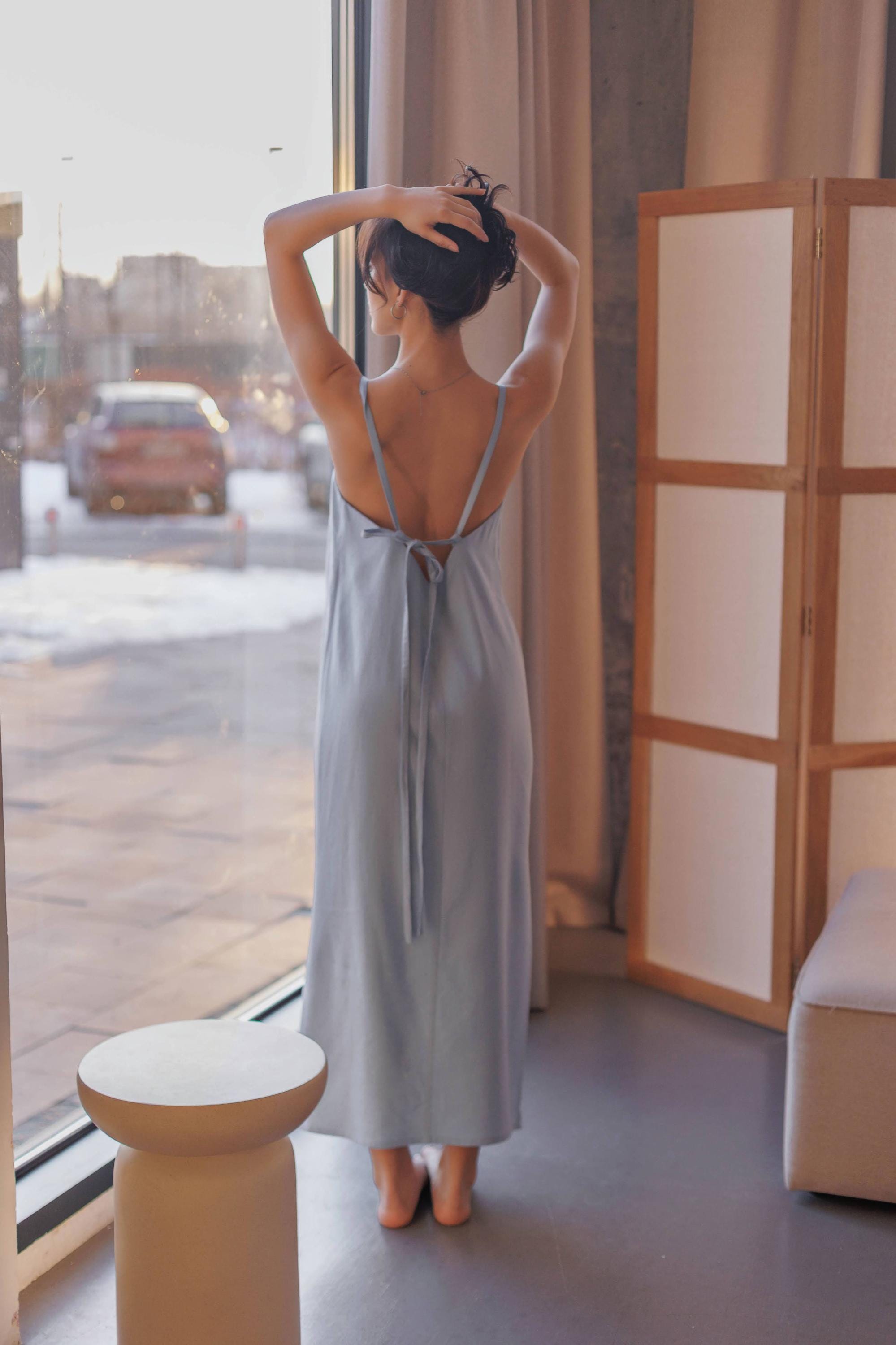 aisle linen backless long dress Backless Tied Sphaghetti Straps Cotton Linen Long Dress for Sustainable Looks - Apricot - XS