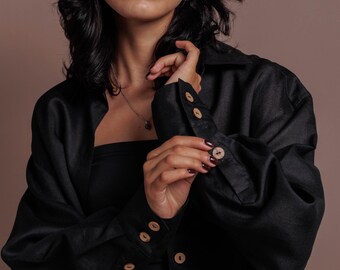 Stylish black women blouse, Trending blouse for women, Womens long sleeves shirt, Ramie shirt for women, Summer outfit, Casual black shirt