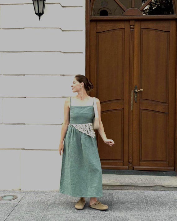 backless summer midi dress Linen Dress, Open Back Dress, Spaghetti Strap Sundress, Vacation outfit, Long Linen SIZE:S Slim Fit backless summer dresses amazon Spaghetti strap Product Details Made from