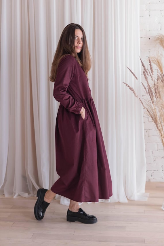 corduroy dress burgundy Spring Winter Midi for Women, Cord Cotton Button Front Dress With Pockets, Boho Casual Cottagecore Style Dress down front and full