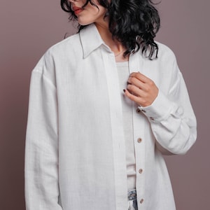 Casual linen shirt with classic collar, Milky white linen aloe shirt, Long sleeve shirt relaxed fit, Buttoned linen shirt for women