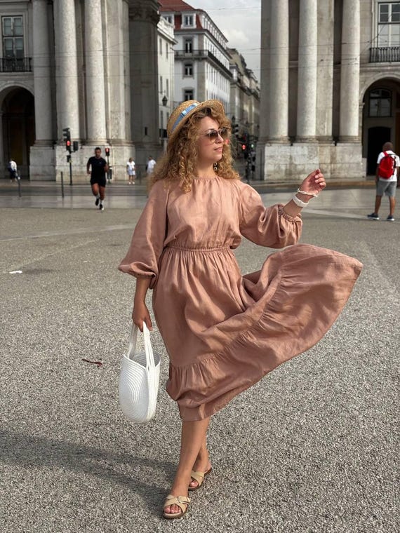 Boho Long Sleeve Maxi Dress with Button Back, for Beach Wedding and Vacation, 100% Linen Summer Style Boho Long Sleeve Maxi Dress with Button Back, for Beach Wedding and Vacation, 100% Linen Summer Style