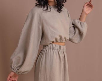 Linen Blouse for Women, Long Sleeve Top, Linen Clothes for Women, Gray Blouse, Elegant Short Blouse, Gift for Women, Puff Sleeve Linen shirt