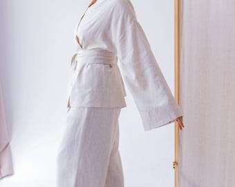 Womens Hemp Linen set, Kimono robe and Palazzo pants set, Kimono Style Costume, Boho womens hemp linen kimono robe, Loose Fit Suit Outfit